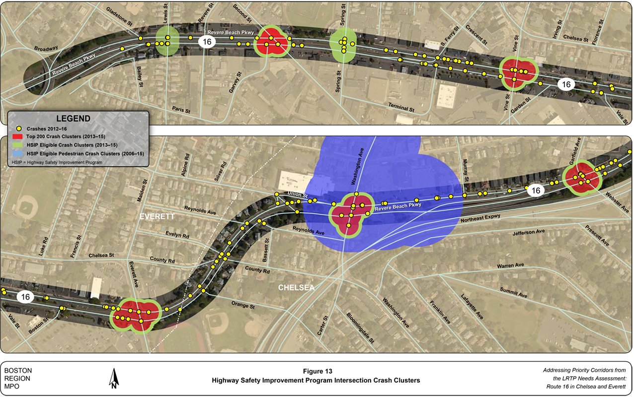 Figure 13 Highway Safety Improvement Program Intersection Crash Clusters
Figure 13 is a map of the study area showing Highway Safety Improvement Program intersection crash clusters.
Figure 13
Highway Safety Improvement Program Intersection Crash Clusters
Figure 13 is a map of the study area showing Highway Safety Improvement Program intersection crash clusters.